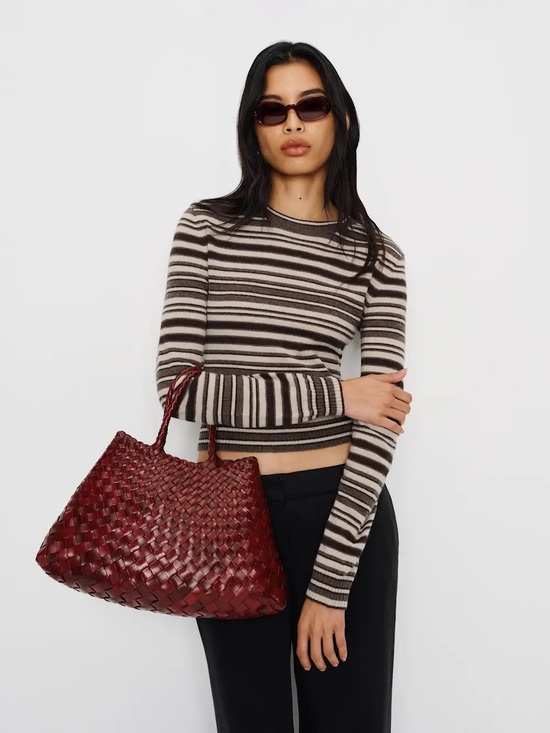Reformation Sweaters - Reformation Lian Cashmere Crew Sweater Brown Stripe Size L Cropped